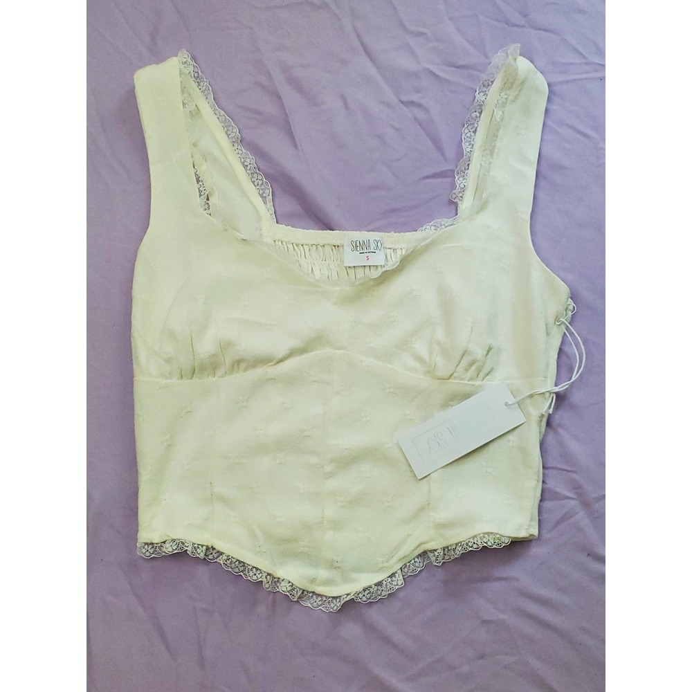 Sienna Sky Ivory Lace Trim Corset Crop Top Smocked Back Cream Small NWT‎